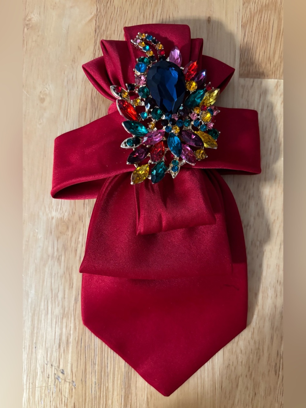 Red Satin Necktie Accessory Jeweled Brooch Accent